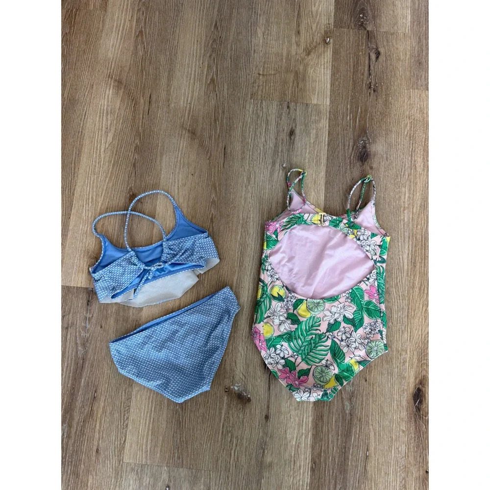 Vineyard Vines Preppy Swimwear Girls 5-6 Blue Whale Floral Bikini One-Piece Set